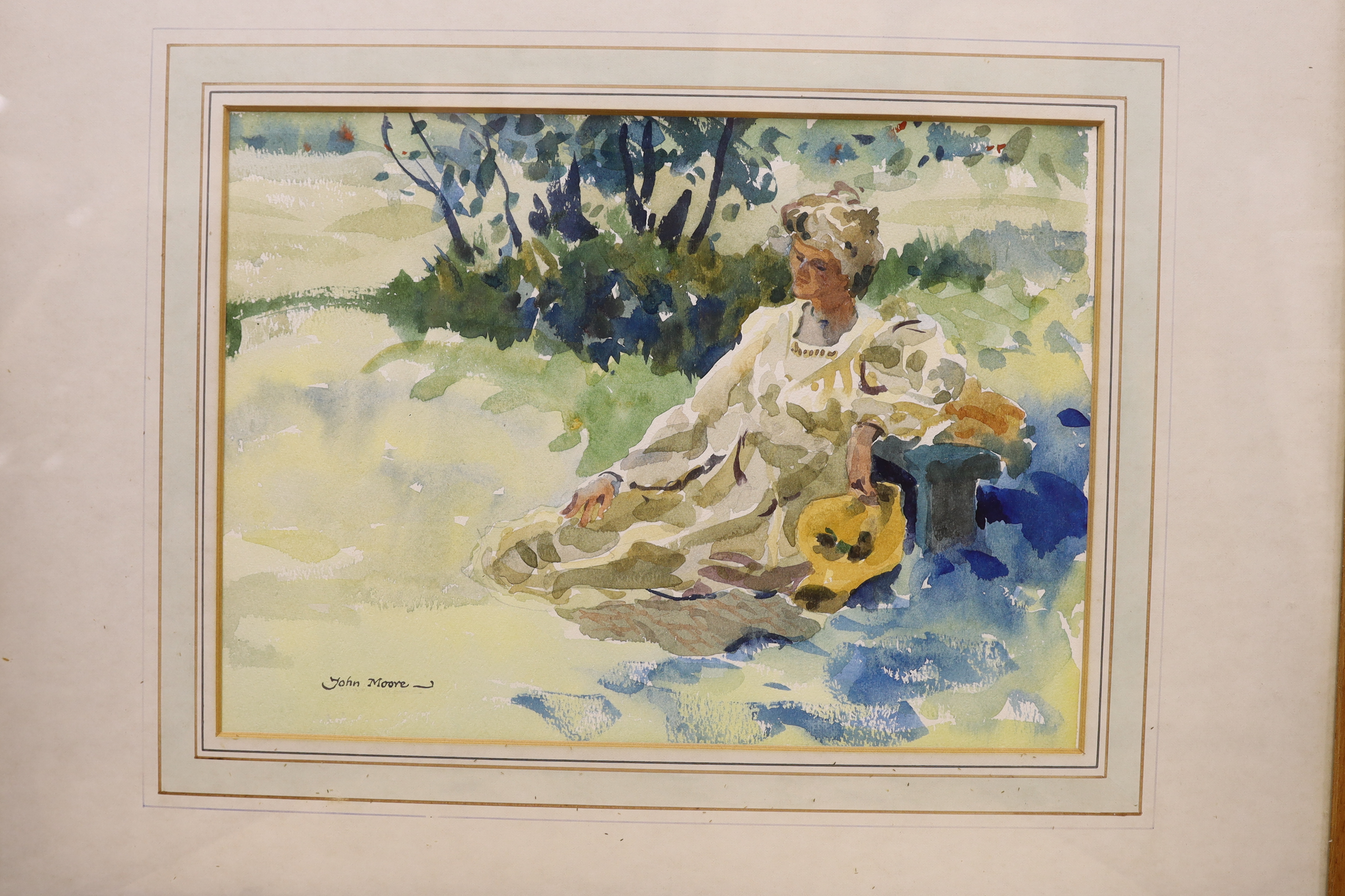 Rear Admiral Humfrey John Bradley Moore, CBE, RI (British, 1898-1985), four watercolours, Mediterranean views and study of a woman seated in a meadow, each signed, largest 26 x 35cm
